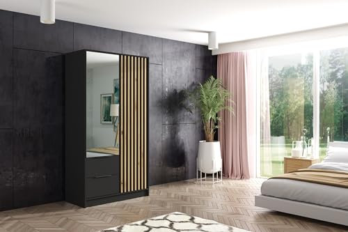 ALTDECOR Kleiderschrank mit Spiegel und selbstschließenden Flügeltüren mit Lamel - NERA - 100 cm Schwarz/Artisan