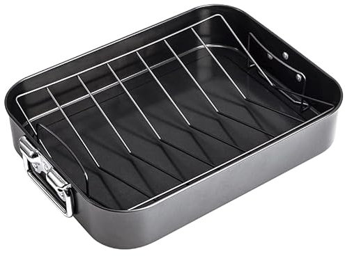 CHEFMADE Turkey Roasting Pan with V Rack, 16 Inch Deep Roasting Pan, Deep Lasagna Pan for BBQ Vegetbale and Meat 16 x 12.8 x 3 (Black)