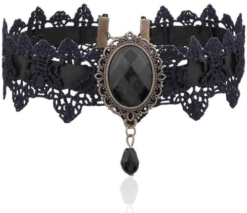 AFCJLTO Gotischer Damen Choker mit Spitze, Quaste und Kristallanhänger - Retro Halskette für Halloween, Fasching und Karneval - Schwarz, Gothic Punk Tattoo Stil - 1 Stück