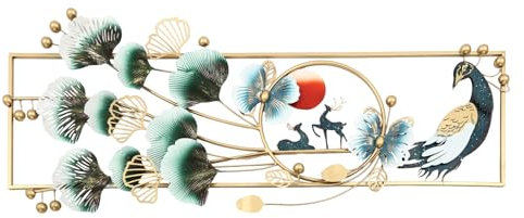 banborba 3D Pfau Wanddeko, 3D Ginkgo-Wanddekoration aus Metall, roße Metall-Wanddekoration, Kunst Hängende Dekoration Ornament, Moderne Wandskulptur Wandbild für Wohnzimmer Schlafzimmer Esszimmer
