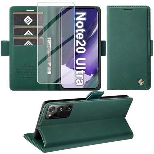 Giyer Hülle für Samsung Galaxy Note 20 Ultra 5G mit Schutzfolie, PU Leder Wallet Flip Case Standfunktion Kartenfach Klapphülle in Grün
