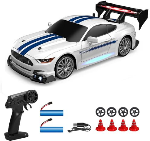 Dodoore Remote Control Cars 30KM/H 1/24 RC Drift Car 4WD High Speed RC Cars for Adults 50+Min Play Time Cool LED Lights Replaceable Tires Rechargeable Gifts for Kids Adults 2 Batteries White Blue