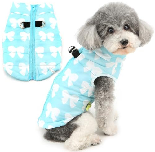 Zunea Winterjacken für Kleine Hunde Wasserdicht Welpe Wintermantel mit D-Ring Niedlicher Schleife Weste Geschirr Kleidung Kaltes Wetter Reißverschluss Haustier Katzen Bekleidung für Chihuahua Blau L