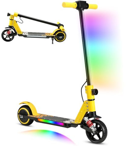 scoot4kids Monopattino Elettrico per Bambini, Età 6-12, Motore 130W, Velocità Massima 14 km/h, Autonomia 8 km, Luci LED Colorate, Design Pieghevole, Regalo per Bambini e Ado (Giallo)