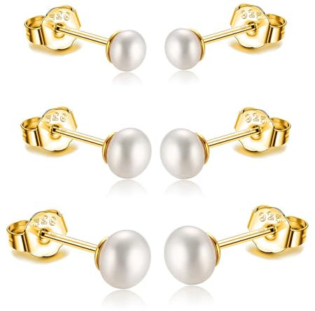 3er Perlenohrringe Gold Silber 925 Vergoldet Weiße Perlenohrstecker Echte Perlen Süßwasserperlen Ohrringe Stecker Süßwasser-zuchtperlen Ohrringe 3 Paar Set 3mm 4mm 5mm