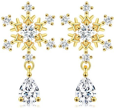 PDTU Schneeflocken Ohrringe Gold, Schneeflocken Ohrringe Weihnachten mit Weißer Zirkonia Geschenke für Damen Mädchen