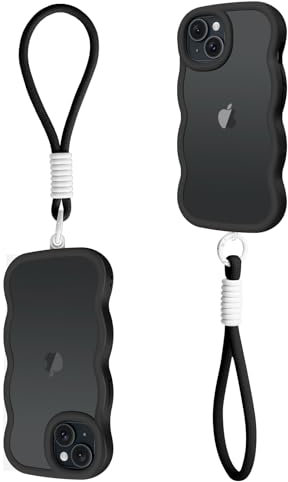 VENINGO Lanyard Case for iPhone 13, for iPhone 13 Phone Case with Wrist Strap Matte Translucent Ultra Thin Soft TPU Bumper Anti-Slip Women Man Shockproof 360 Protective Wavy Case for iPhone 13, Black
