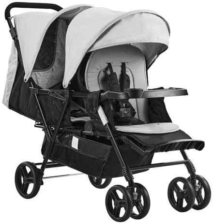 VEVOR Doppelkinderwagen, faltbarer, leichter Zwillingskinderwagen mit Tandemsitz, verstellbarer Rückenlehne/Fußstütze, Rundum-Sicherheitsgurt, Aufbewahrungskorb und Tablett
