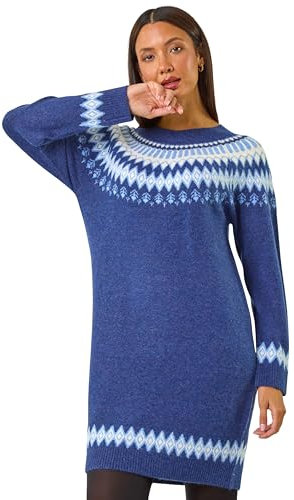 Roman Thick Jumper Dress for Women UK Ladies Fairisle Aztec Knitted Knit Sweater Knitwear Autumn Winter Holiday Round Neck Long Sleeve Soft Knee Length Sweat Warm Thick - Blue - Size 18