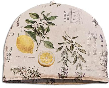 Kannen-Wärmer Kräutercharme Liora - hochwertige Teemütze für langanhaltende Wärme | Teehaube mit Zitronen, Lavendel und Küchen-Kräutern | dick gefütterter Kaffeewärmer | Kannenmütze in Leinen-Optik