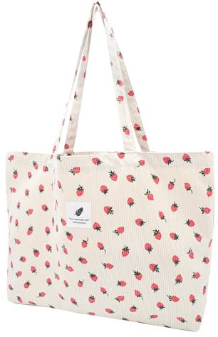 Cord Tasche Damen Umhängetasche Tote Bag Kord Damen Shopper Handtasche Schultertaschen Arbeit Büro Reisen Einkauf Schule Alltag (Beigestrawberry L, 45cmx12cmx42cm)