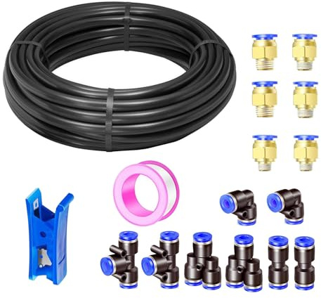 HAXIHA 10M Pneumatik Schlauch Schwarz 12mm OD 8mm ID Polyurethan PU Luftschlauch Rohr Druckluftschlauch ist Geeignet für Pneumatische Geräte, mit 14 Stück Pneumati kverbinder (Y/T/L/I förmig)