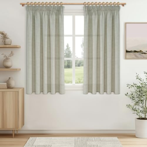 MRTREES Gardinen Halbtransparent Kurz Fenster Vorhang Leinenoptik mit Kräuselband 145 cm Lang 140 cm Breit, Vorhänge Leinen 2er Set für Küche Wohnzimmer Schlafzimmer Landhausstil