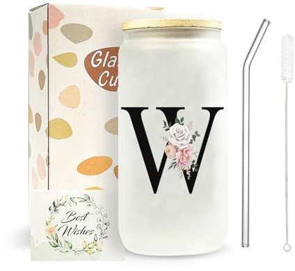 JEKUGOT A-Z Initial Personalised Birthday Gifts for Women, 16oz Iced Coffee Glass Cups with Lids and Straws, Glass Coffee Cup Gift Set for Mothers, Friends, Women, Men, Iced Coffees Cup Gift (W)