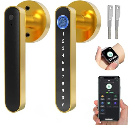 Dhiedas Serratura intelligente 5 in 1 per interni, elettronica, tastiera con impronte digitali, con password, Bluetooth, con chiavi, per casa, camera da letto, hotel, ufficio, appartamento (oro)