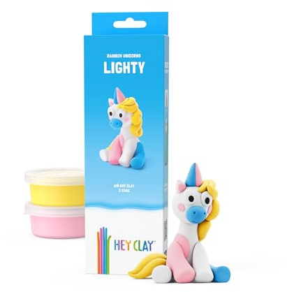 HEY CLAY Rainbow Unicorns – lufttrocknendes Ton-Set für Kinder – Kreativ-Set ab 3 Jahren (Lighty, Serie Regenbogen-Einhörner, 3 Dosen)