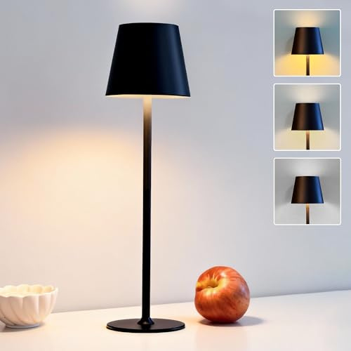 DEELUX LED Tischlampe Kabellos Dimmbar, Akku Nachttischlampe Retro Schwarz | Akku Tischlampe Kabellos,IP44 Wasserdicht USB-C Nachttischleuchte 2700K/3600/5000K,für Restaurant,Schlafzimmer,Büro, Garten