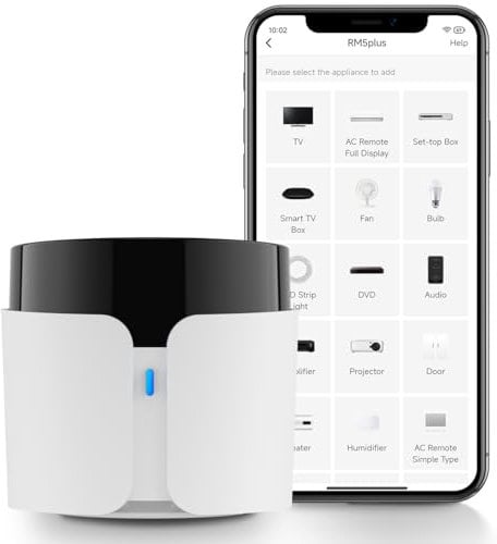 Broadlink Mando Universal Infrarrojo RM5plus, Control por Voz con Alexa & Google Assistant, Mando Inteligente Wi-Fi para TV, AC, Ventiladores, Hub Todo en Uno con Escenas y Temporizador