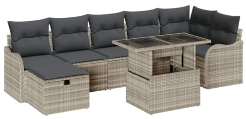 vidaXL Garten-Sofa-Set mit Kissen 8 pcs Hellgrau Poly Rattan, Verstellbarer Gartentisch, leichtes Outdoor-Sofa-Set, modulare, wetterfeste Möbel, anpassbare Sitzplätze für Terrassen