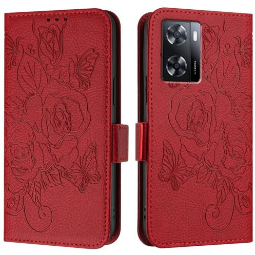 Étui à rabat pour smartphone Compatible avec la coque OPPO A57 4G/A77 4G/A57S 4G/A57e 4G/A77S 4G, étui portefeuille fin en cuir PU à rabat, étui de protection antichoc avec porte-cartes + dragonne(Ros