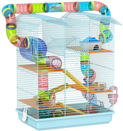 PawHut Jaula para Hámster Hábitat para Animales Pequeños de Múltiples Niveles con 4 Plataformas Cuenco de Comida Bebedero Rueda de Ejercicio Escaleras Sistema de Tubos 47x30x59 cm Azul Claro