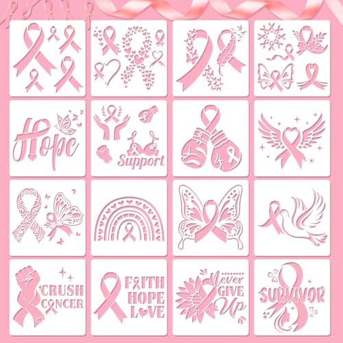 HOWAF 16 Pochoir Ruban Octobre Rose Accessoires, Plastique Réutilisable Pochoirs pour Peinture Ruban Rose Decoration Octobre Rose Pochoir Peinture Pochoir Enfant Sensibilisation au Cancer du Sein