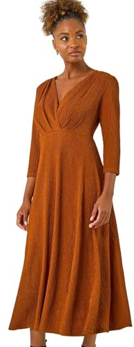 Roman Originals Textured Wrap Midi Dress for Women UK - Ladies Everyday Autumn Winter V-Neckline Comfy Soft Evening Vacation Work Party Night Out - Copper - Size 18