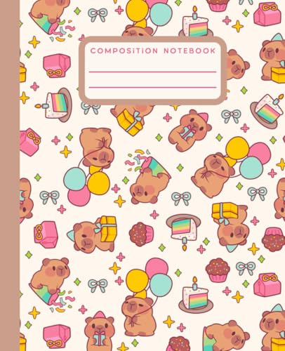 Composition Notebook College Ruled: Cute Kawaii Capybara Party Aesthetic Journal