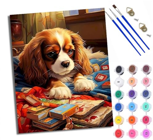 Paint by Numbers for Adults and Beginner Dog Lying Down DIY Color Oil Painting Acrylic Paints Home Wall Decor 40x50cm/16x20in with Frame
