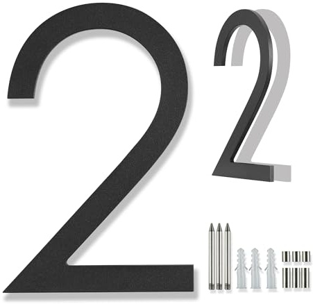 Große Hausnummer metall modern 20 cm, große Hausnummer für Hausadresse außen matt schwarz schwebende Halterung und bündige Montage, Aluminium Adressnummern 2