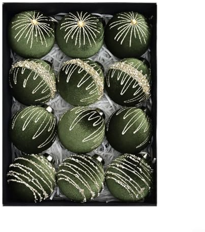12 Stück 8 cm Samt Weihnachtsbaumkugeln Set aus Kunststoff mit Beflockung in Olivgrün, für elegante festliche Dekoration an Baum, Tür oder Fenster im Innenbereich(Olive Green)
