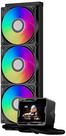 PCCOOLER Dissipatore CPU liquido ARGB, 360 mm AIO con schermo LCD da 2,8 pollici, pompa con cuscinetto in ceramica, 3 ventole ARGB PWM da 120 mm, radiatore in alluminio, compatibile con Intel LGA 1851