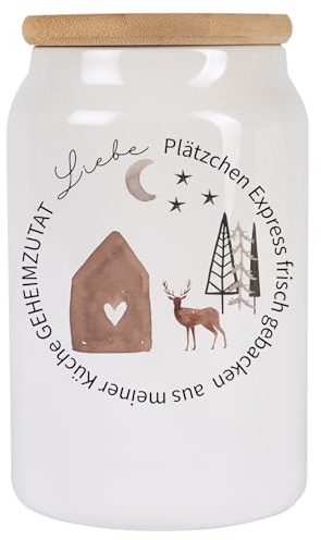 Kilala Weihnachtliche Keksdose aus Keramik mit Holzdeckel – Luftdicht, 650 ml, mit Winterlichen-Motiv und Spruch – für Plätzchen & Süßigkeiten (Hirsch/Geheimzutat)