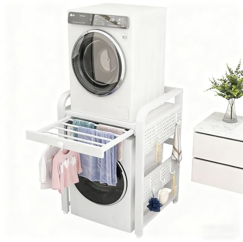 Supporto Asciugatrice Sopra Lavatrice Kit Impilabile Per Lavatrice E Asciugatrice Salvaspazio Con Pannello Forato E Gruccia Appendiabiti Retrattile Capacità Di Carico 200 Kg Adatt WhiteFrame+WhiteTop
