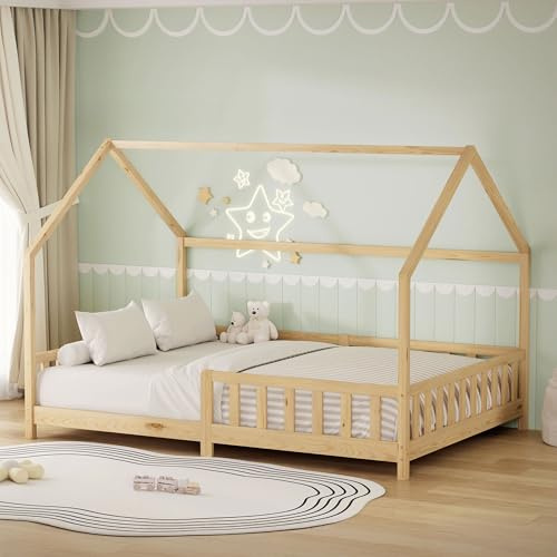 ML-Design Kinderbett Hausbett 140x200 cm mit Rausfallschutz, Dach & Lattenrost, Natur, Bettgestell aus massivem Kiefernholz, Montessori Bodenbett, Holzbett für Mädchen & Jungen, Jugendbett Doppelbett