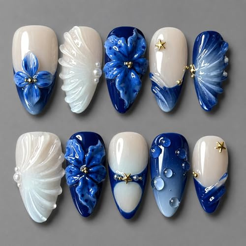 3D Vintage Blue Lily Bubble Stripe Pearl Press On Nails Almond 24Pcs - Ocean Theme Floral Shell Designs with Star Accents for Summer Elegant Look, Premium ABS Manicure Kit for Parties, Holidays,