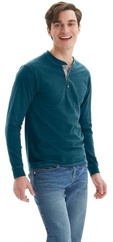 Hanes Men's T Beefyt Henley Cotton Long Sleeve Shirts, Petro Teal, 3XL