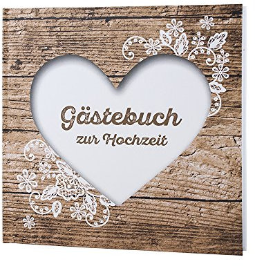 Gästebuch Hochzeit Herzenssache rustikal, Hochzeitsgästebuch Holz Optik, mit Herz und Spitze in Weiß, 104 weiße Seiten, 21,5 x 21,5 cm