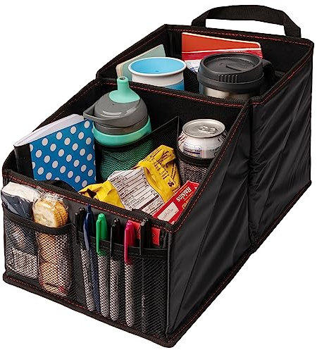 Lusso Gear Autositz-Organizer mit 9 Fächern und Getränkehaltern – für vorne, hinten, Beifahrersitze, LKW und Van (schwarz mit roter Naht)