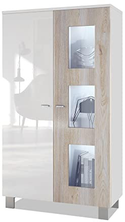 Vladon Vitrine Denjo, Made in Germany, Standvitrine mit 2 Türen und 3 Glaseinsätzen, Weiß matt/Weiß Hochglanz/Eiche Nordic inkl. LED-Beleuchtung (71 x 129 x 35 cm)