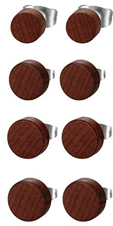 JewelryWe Schmuck 4 Paare Herren Damen Ohrstecker Set, Edelstahl Holz Runde Ohrringe Ohr Piercing Geschenk für Männer Frauen, Braun, 6mm-12mm