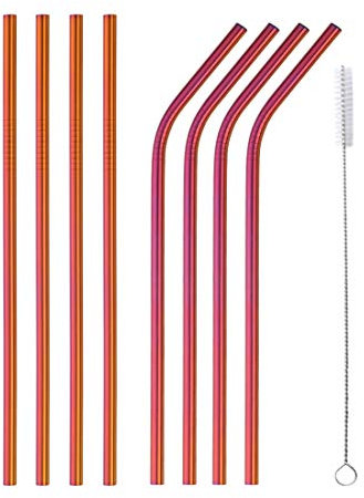 Buyer Star 8 pièces Inox Pailles Réutilisable Pailles pour Cocktail Smoothie Yeti Tumbler Rambler Tasses Mugs Gobelet Métal Paille (Arc-en-Rouge)