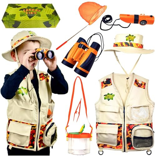 Kidz@Play Safari Kidz Outdoor Abenteuer Set Perfektes Safari, Jagd, Park Ranger Kostüm mit Weste, Hut, Fernglas, Insektennetz, Pfeife, Taschenlampe, Lupe, Pinzette (Orange)