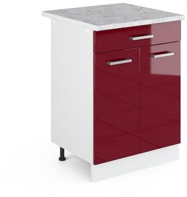 Vicco Küchenunterschrank R-Line, Bordeaux Hochglanz/Weiß, 60 cm mit Schublade, AP Marmor