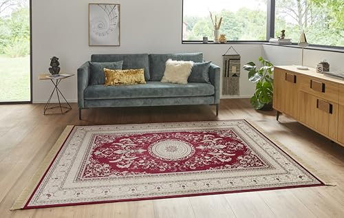 Nouristan Naveh Orient Teppich – Wohnzimmerteppich Orientalisch Kurzflor mit Fransen Vintage Orientalischer Samt-Teppich für Esszimmer, Wohnzimmer, Schlafzimmer – Rot, 195x300cm