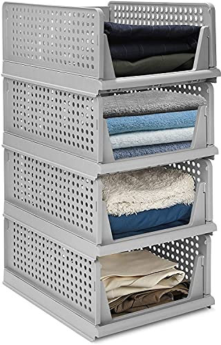 Set mit 4 stapelbaren faltbaren Kleiderschrank-Aufbewahrungsboxen Kunststoff-Kleiderschrankregale Schrank-Organizer-Box herausziehbar wie eine Schublade geeignet für Zuhause Schlafzimmer Küche