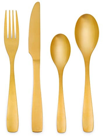 HOLIHIGH 24 Pieces Matte Gold Stainless Steel Cutlery Set for 6 People, Matt Finish, Gold Flatware Tableware Set, Silverware with Spoon Knife and Fork Set, Easy Clean, Dishwasher Safe