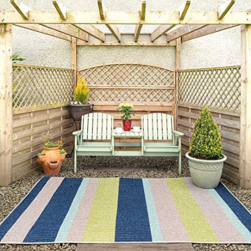 Navy Blue Striped Summer Washable Plastic Flatweave Garden Outdoor Rug Soft Pile Weather Mould Resistant Patio Pergola Decking Mat Area Rugs 120cm x 170cm