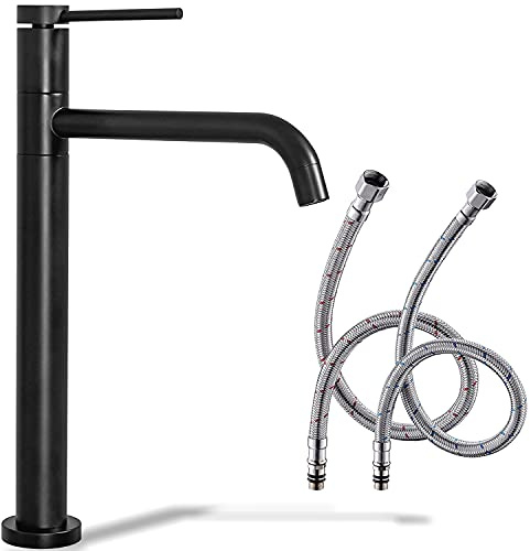 Rea Waschtischarmatur LUGANO SLIM BLACK HIGH Wasserhahn Bad Badarmatur aus Messing Armatur für Waschbecken Badezimmer Mischbatterie Waschbecken Einhebel (Schwarz)