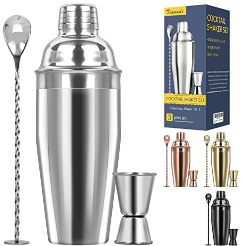 Juego de coctelera grande de 24 onzas, mezclador de martini de acero inoxidable 18/8 con colador integrado, medidor medidor y cuchara mezcladora, juego profesional de coctelera de martini, perfecto